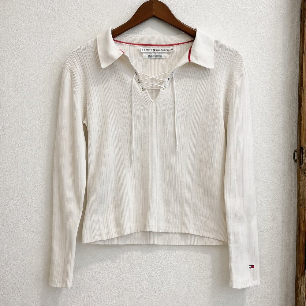 Vintage Y2K Preppy Tommy Hilfiger Medium Ribbed Lace Up Polo Shirt Made in Hong